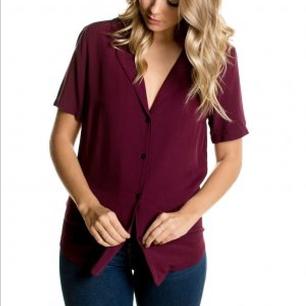 Wine short sleeve button up blouse